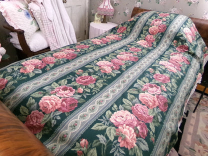 Vintage Rose Curtain Drapery Panel, Deep Green Lined SINGLE Window Drape 82"L