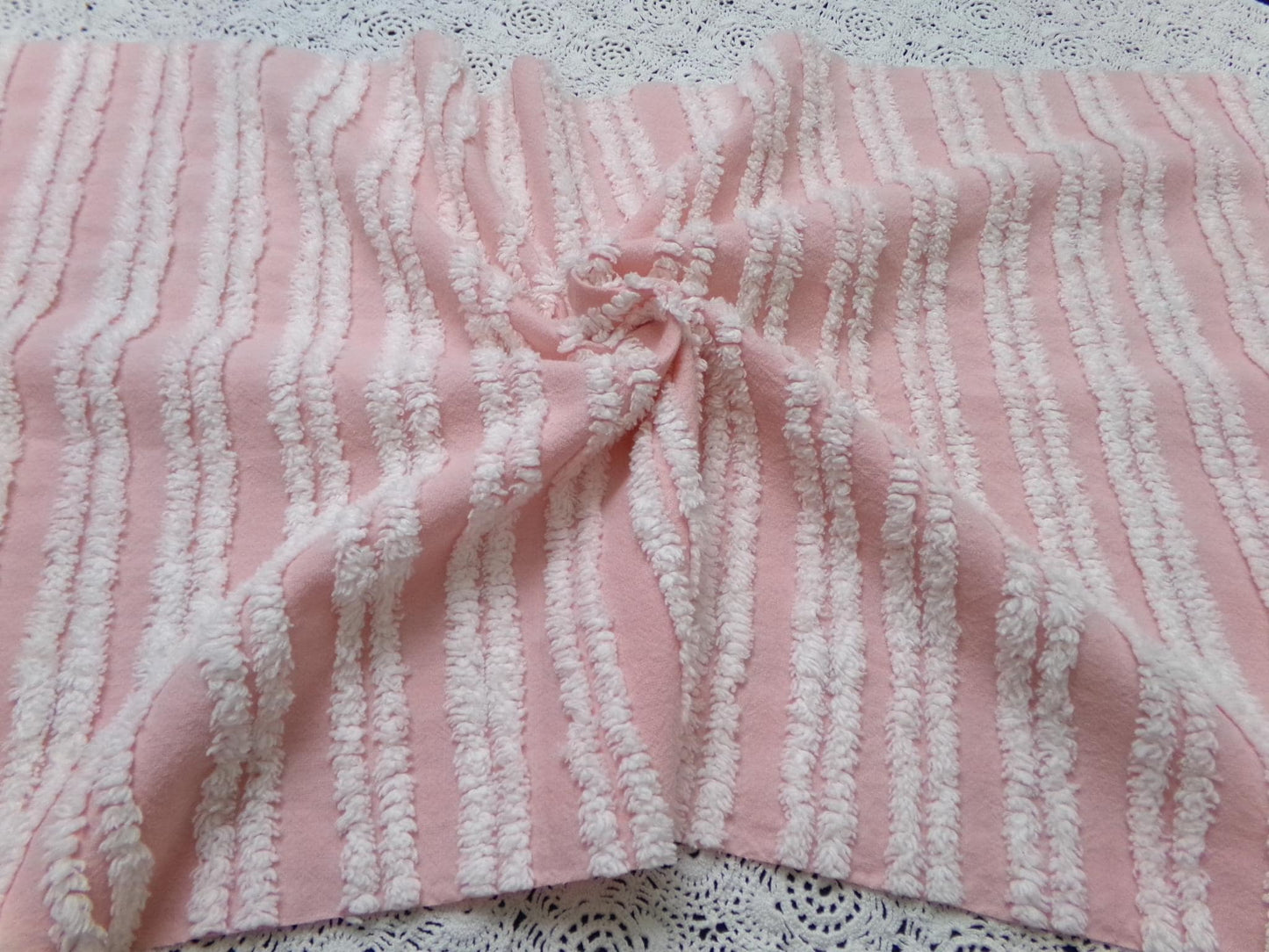 Pink White Double Stripe Vintage Chenille Bedspread Fabric Cottage Chic 14x24" Piece