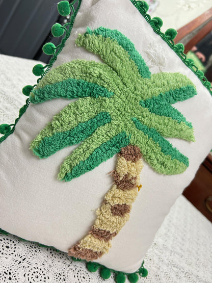 Palm Tree Vintage Chenille Pillow Cover Reversible 12" Square, Tropical Bungalow