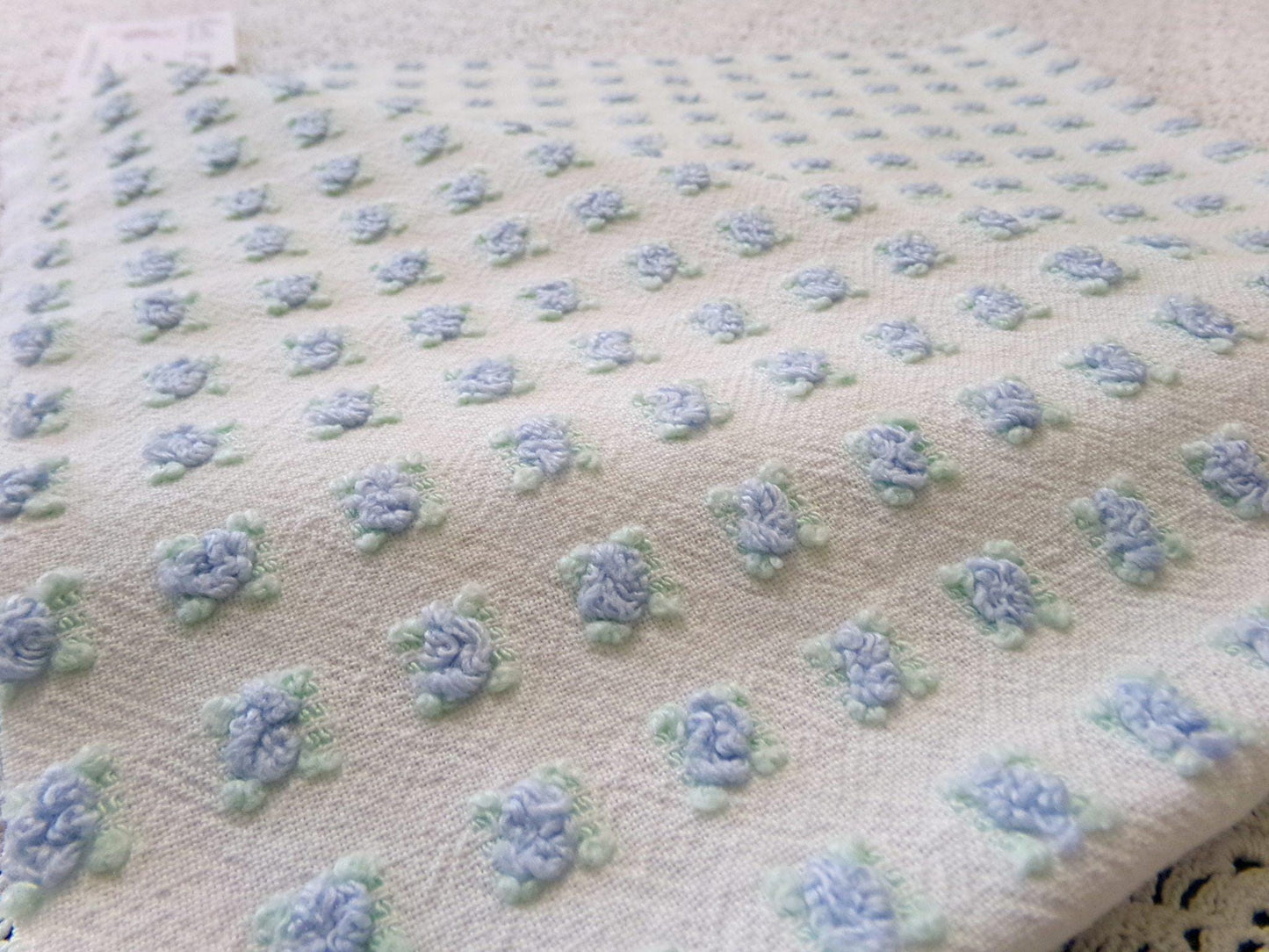 Tiny Blue Rosebuds Vintage Chenille Quilt Fabric, 18" x 21" inch Piece Lightweight Mini Roses
