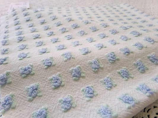 Tiny Blue Rosebuds Vintage Chenille Quilt Fabric, 18" x 21" inch Piece Lightweight Mini Roses