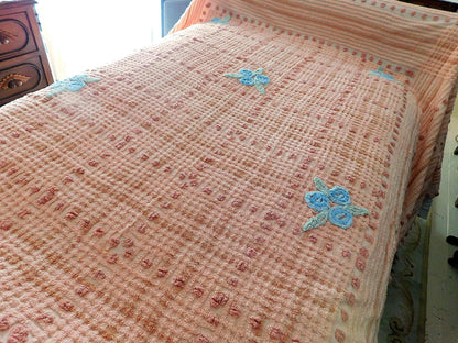 cozy plush plaid vintage chenille bedspread, blue roses on peach geometric design, full size cotton bedding