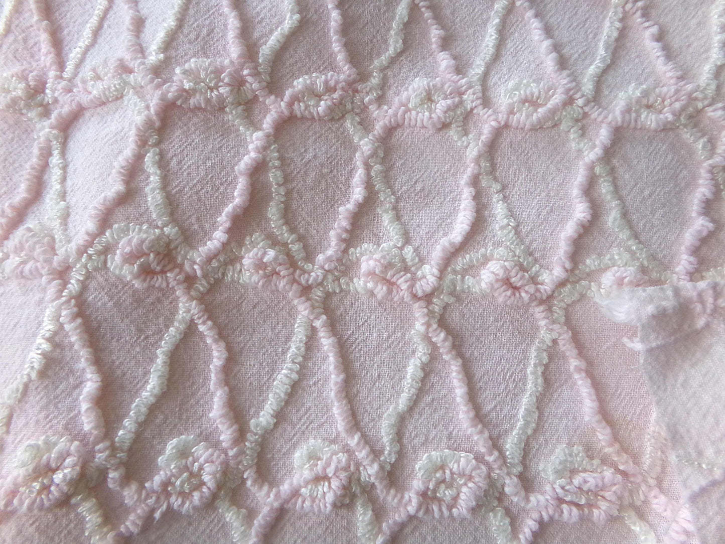 Webbed Eternity Knots Vintage Chenille Fabric Pastel Pink, Iridescent Vanilla Cream 18x25"