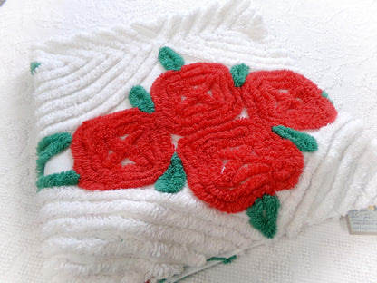 romantic red rose vintage chenille fabric: 25" x 25" piece w/ white swirl tufts & pom pom edge trim