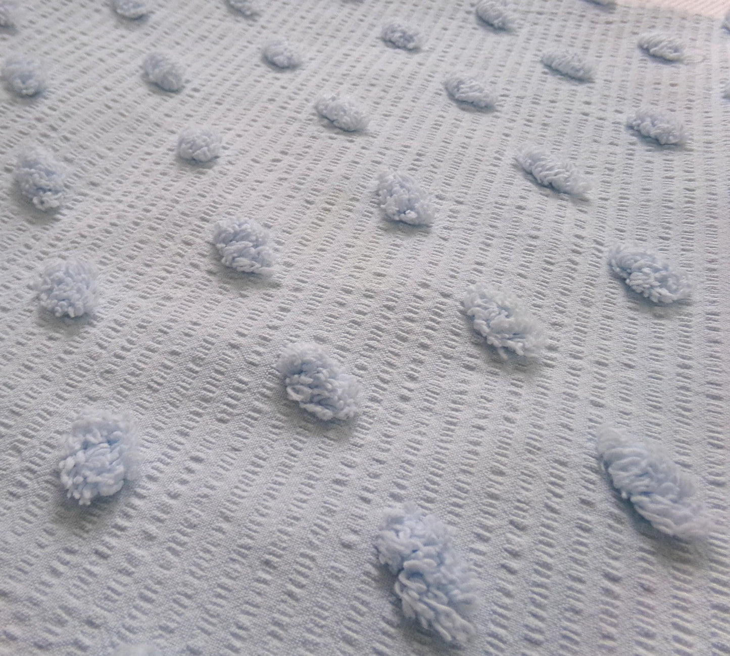 powder blue vintage chenille fabric, tufted dots on cotton seersucker, 22" x 23" piece