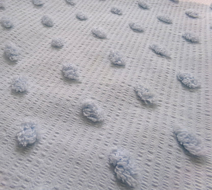 powder blue vintage chenille fabric, tufted dots on cotton seersucker, 22" x 23" piece