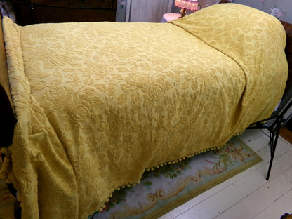 Vintage Chenille Bedspread in Sunflower Honey Golden Blonde | Hobnail Cabbage Rose Woven Texture | On Trend Boho Style Heavyweight Spread
