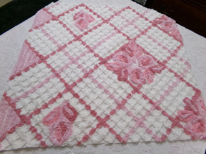 pink & white vintage chenille fabric, geometric rose floral design, 23" x 26" piece sewing material