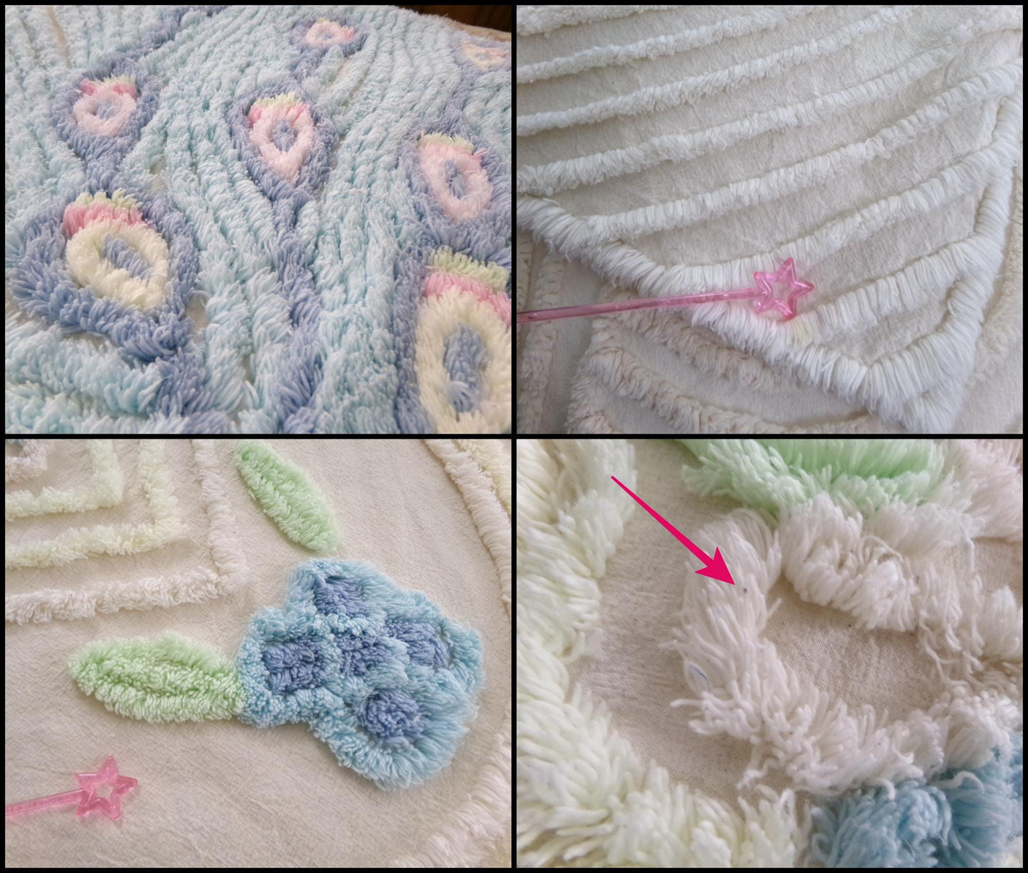 Pastel Peacock Vintage Chenille Bedspread, Boho Creamy Cotton Full Size
