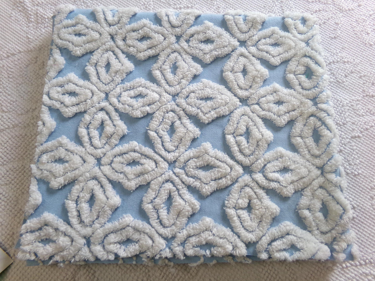 Blue & White Vintage Chenille Fabric, Plush Diamond Cross Design, 18x24" Piece