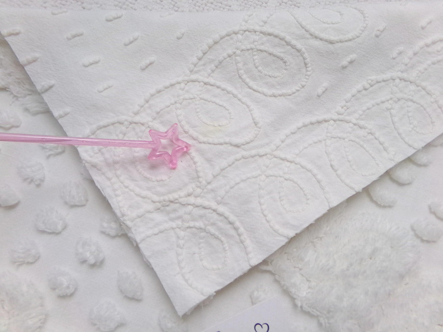 Graceful White Vintage Chenille Bedspread Fabric, Swirl Dot Sewing & Quilt Material, 20" x 27"