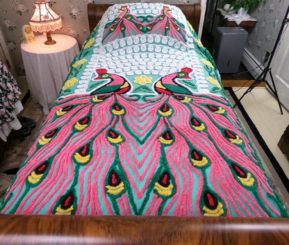 Green Peacock Vintage Chenille Bedspread, Full Size Pink Lovebirds & Swirls