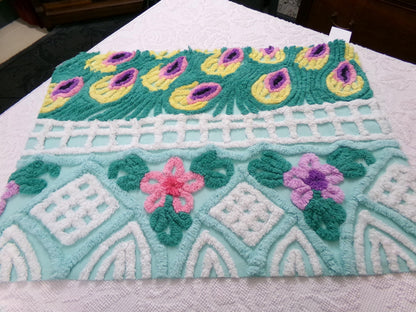 vintage seafoam chenille bedspread fabric, plush peacock feathers & tropical florals, 19" x 26" piece