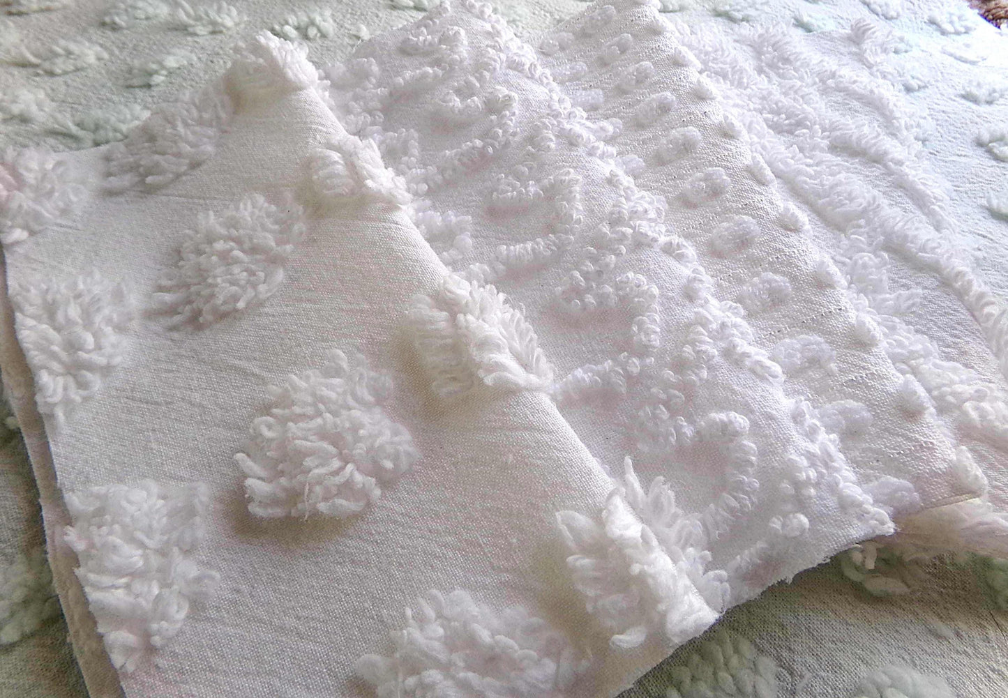 Silent Snowfall Vintage Chenille Fabric Squares, Set of 16 White 6" Cotton Chenille Quilt Blocks for crafting, sewing