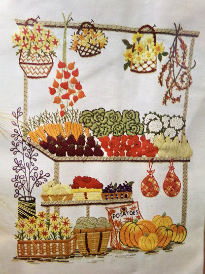 FARMER'S MARKET Vintage Crewel Embroidery Kit, Paragon Needlecraft Creative Stitchery 0223, Barbara Sparre 1970s Design
