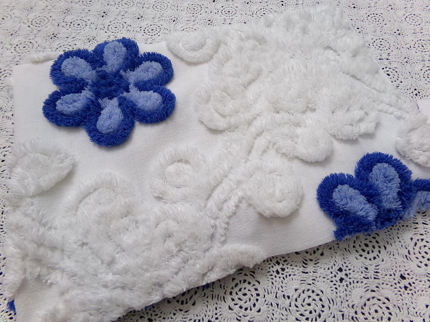 Vintage Chenille Fabric Piece, Blue White Floral Coastal Chic Quilting Material 14x25"