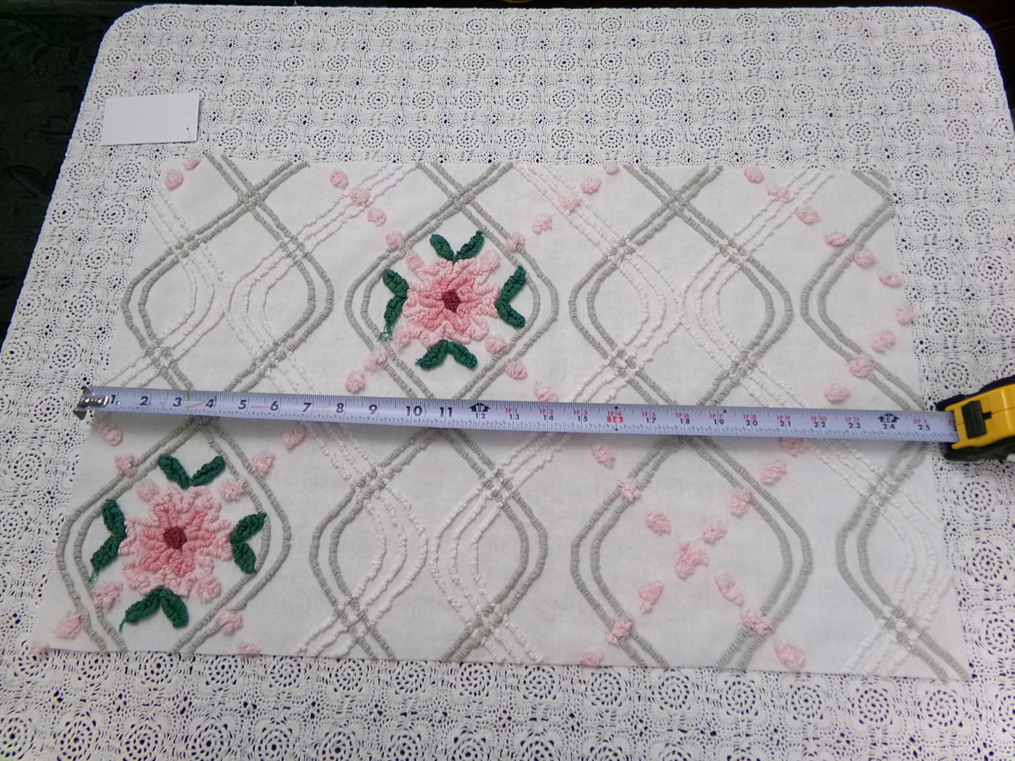 Dove Grey Pink Rose Vintage Chenille Bedspread Fabric Quilt Sewing Material 15" x 24"