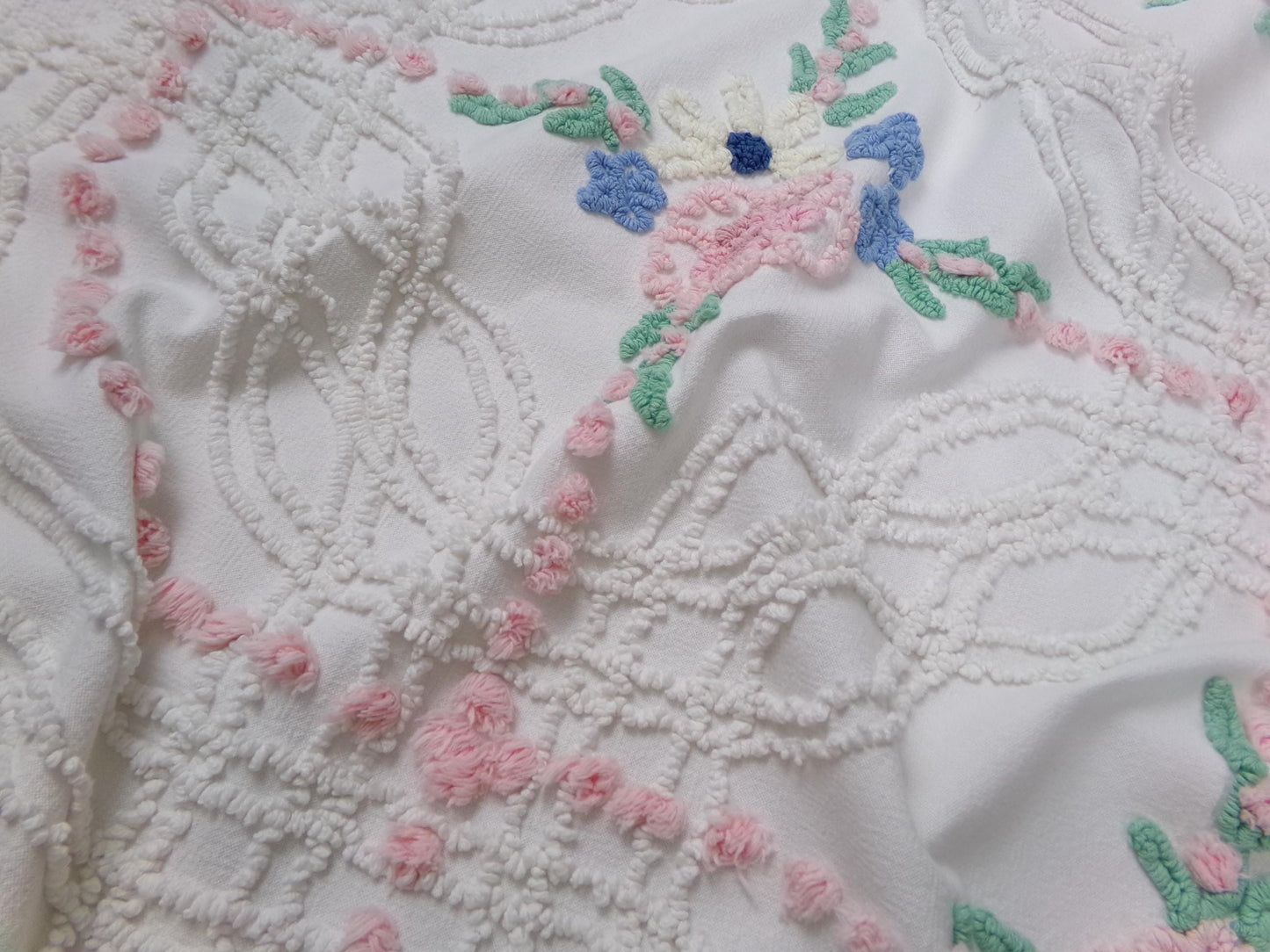 Shabby Wildflowers Vintage Chenille Fabric, pink rose floral sewing material, 20" x 32"