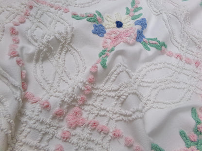 Shabby Wildflowers Vintage Chenille Fabric, pink rose floral sewing material, 20" x 32"