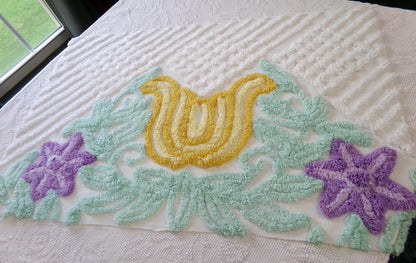giant tulip vintage chenille fabric w/ purple star flowers on white cotton, 19" x 29" piece of sewing material