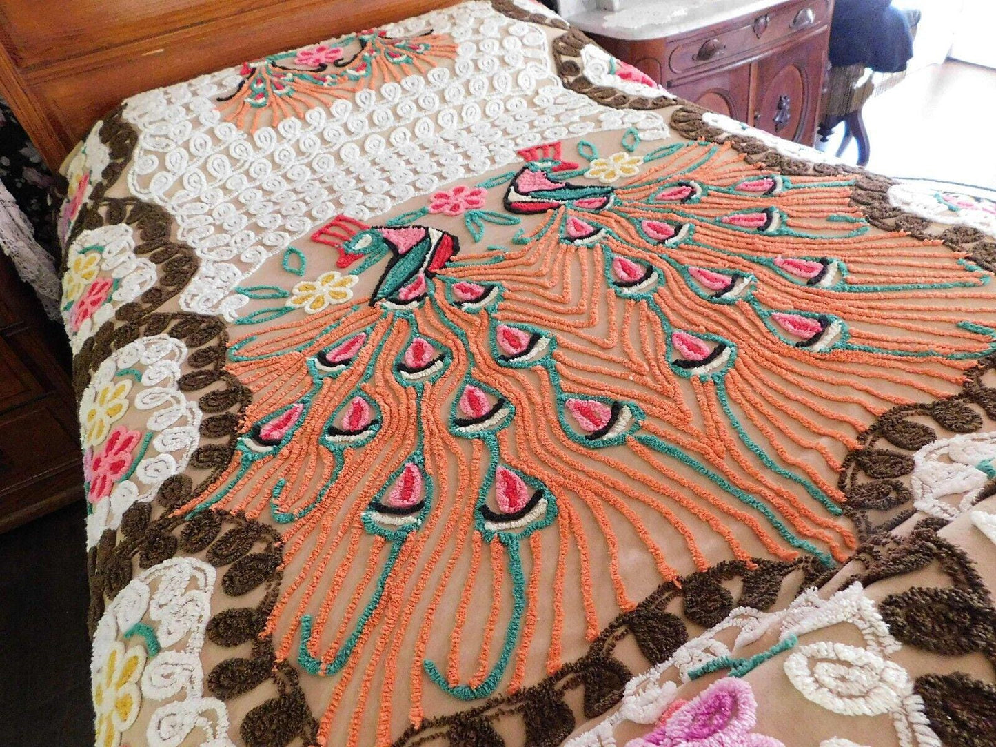Boho Vintage Peacock Chenille Bedspread, "Opposites Attract" Lovebirds, FULL Sz