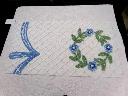 Floral Wreath Vintage Chenille Fabric, Blue & White Sewing Material 15" x 28" Piece