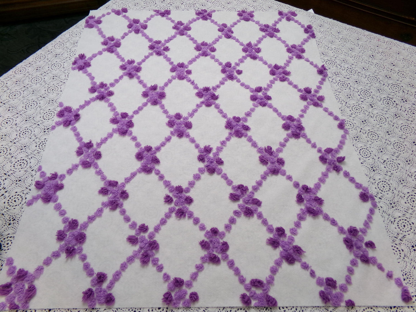 Crocus Buds in Snow Vintage Chenille Fabric, Purple & White 20" x 24" piece