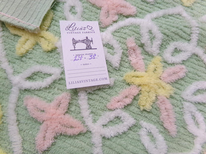 Vintage Chenille Fabric Piece, Mint Green Floral Cottage Chic Quilt Material 24" x 38"