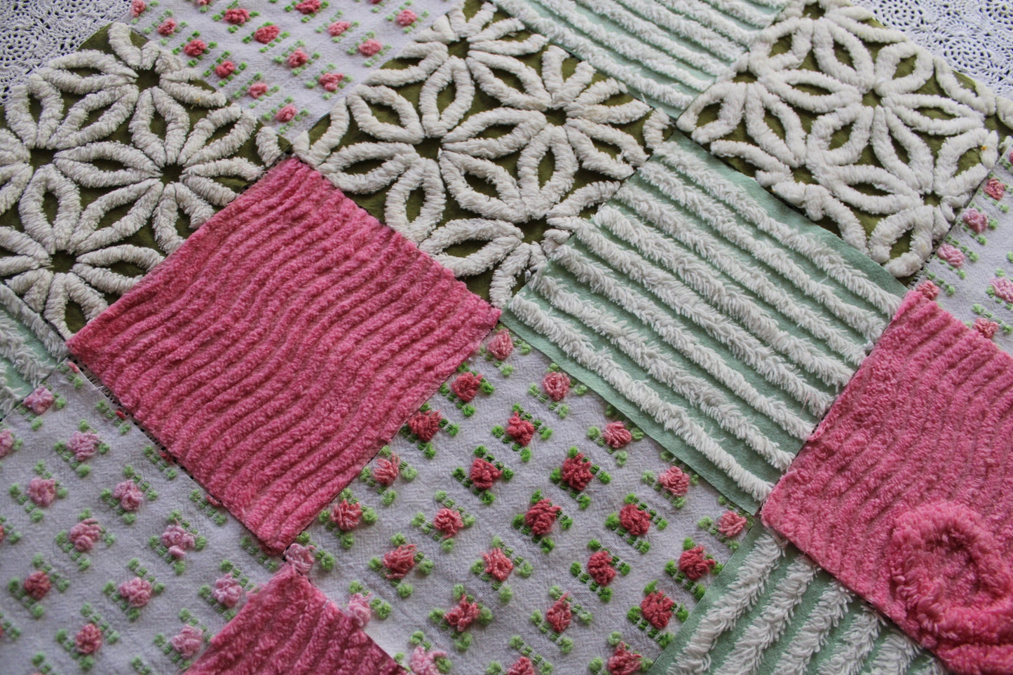 boho daisy rose vintage 6" chenille fabric squares, set of 16 textured quilt blocks in olive green, rosy pinks & white for sewing, crafts