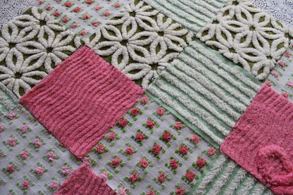 boho daisy rose vintage 6" chenille fabric squares, set of 16 textured quilt blocks in olive green, rosy pinks & white for sewing, crafts
