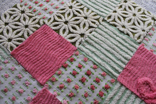 boho daisy rose vintage 6" chenille fabric squares, set of 16 textured quilt blocks in olive green, rosy pinks & white for sewing, crafts