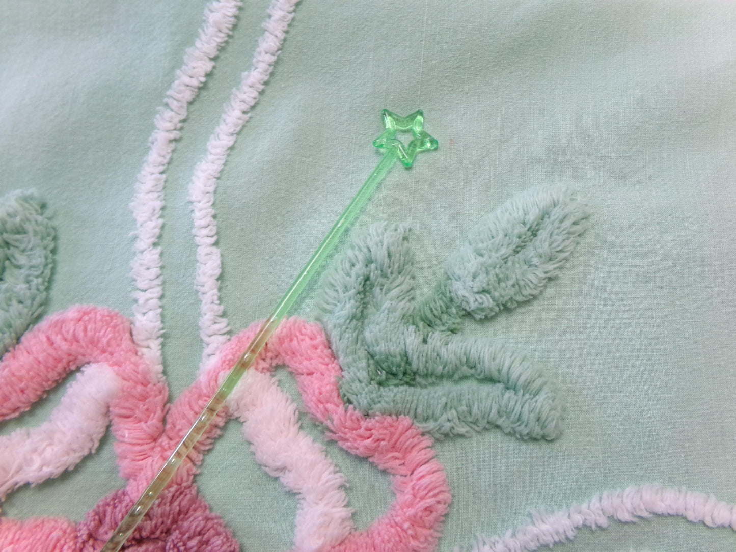 Shabby Soothing Green Vintage Chenille Fabric, Pink Rose Florals, 20 x 27"