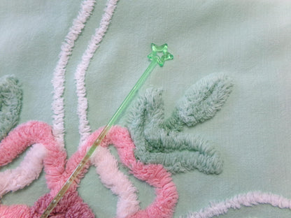 Shabby Soothing Green Vintage Chenille Fabric, Pink Rose Florals, 20 x 27"