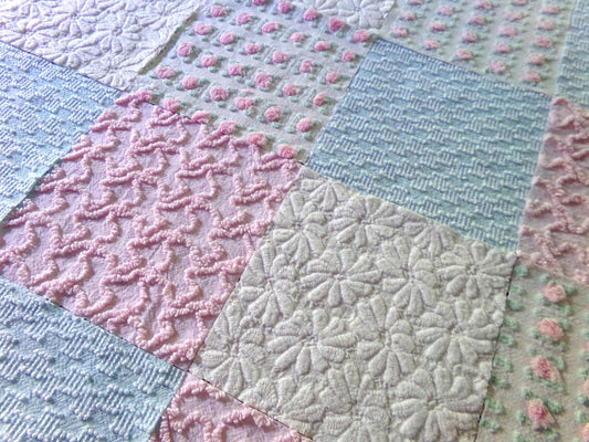 Cottage Style Chenille & Woven Fabric Squares Set from Vintage Bedspread Fabrics, 16 Blocks, 6" x 6" inch, Pretty Colors: Pink, Aqua, White