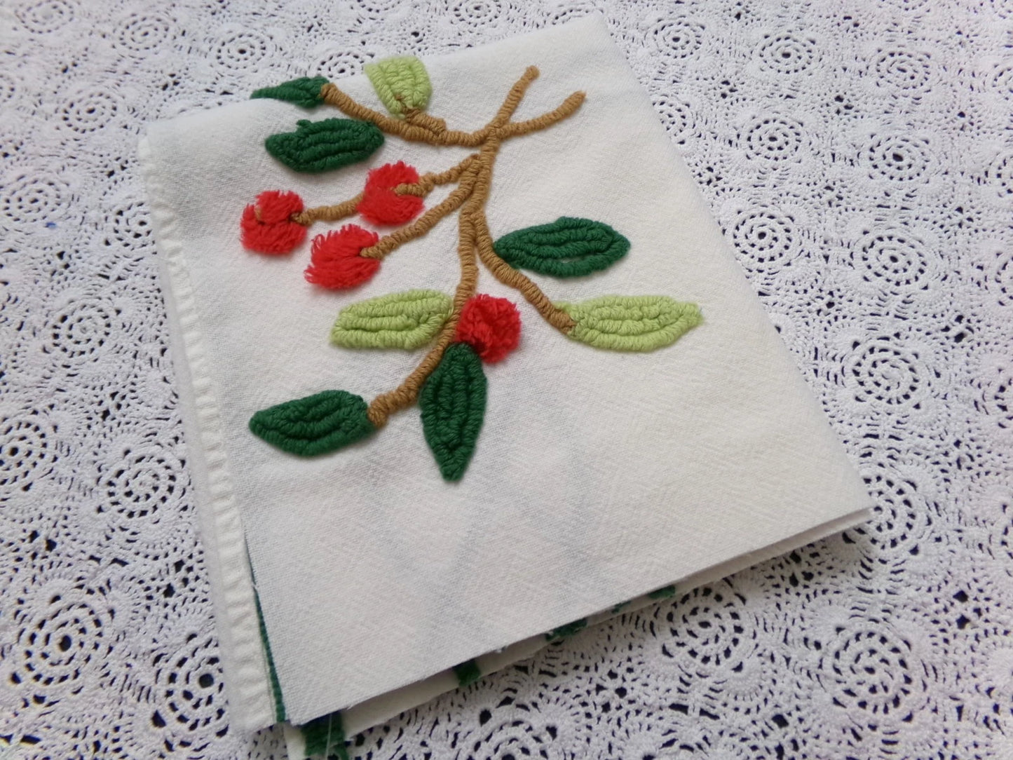 Cherry Berry Vtg Chenille Bedspread Fabric 14.5x27" Pc Farmhouse Sewing Material