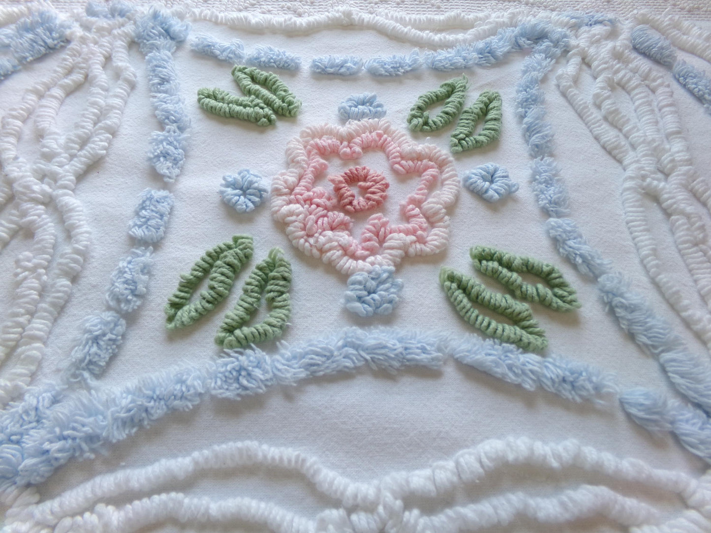 Shabby Cottage Chic Vintage Chenille Fabric, 25" x 21" Piece of White Pink Blue Floral Cotton Sewing Material, Upcycle into Pillows, Quilts