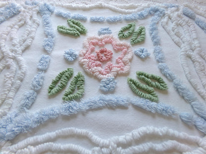 Shabby Cottage Chic Vintage Chenille Fabric, 25" x 21" Piece of White Pink Blue Floral Cotton Sewing Material, Upcycle into Pillows, Quilts