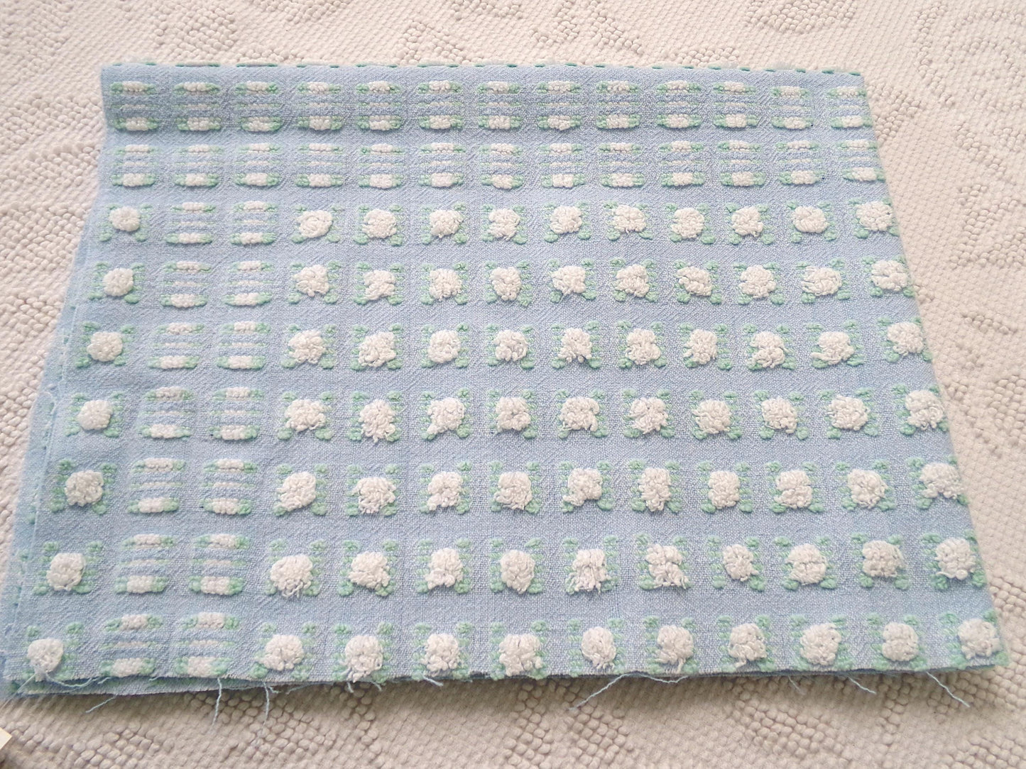 White Rosebud Vintage Blue Chenille Fabric, Shabby Phantom Rose Morgan Jones, 19x26"