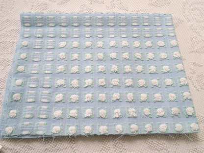 White Rosebud Vintage Blue Chenille Fabric, Shabby Phantom Rose Morgan Jones, 19x26"