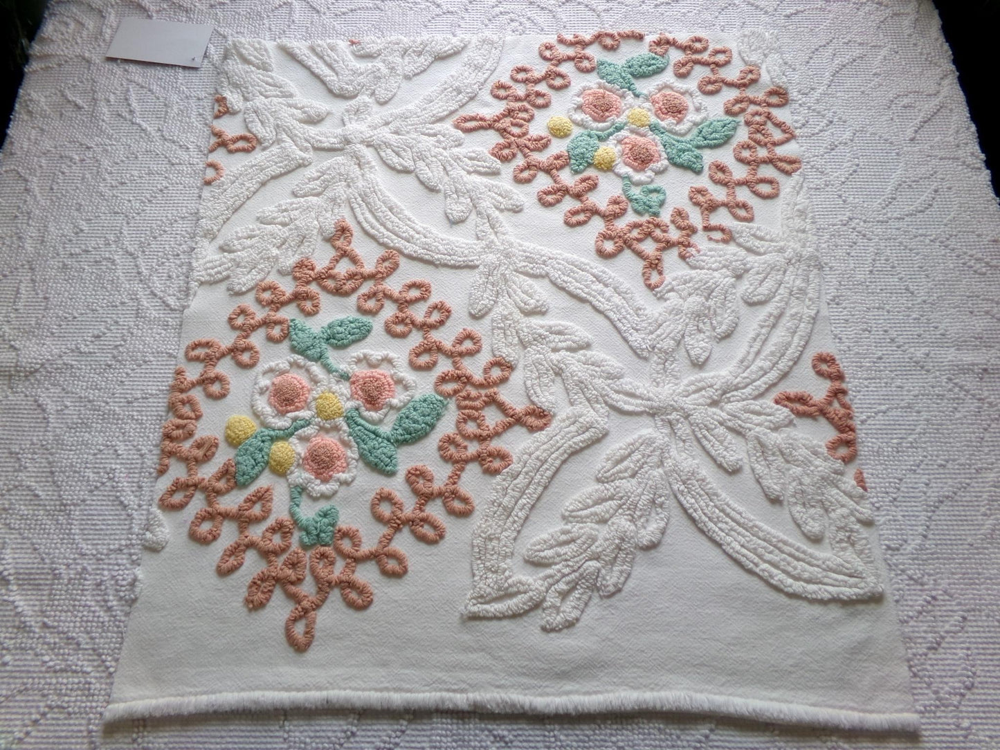 vintage chenille bedspread fabric, natural boho floral 20" x 20" piece sewing material