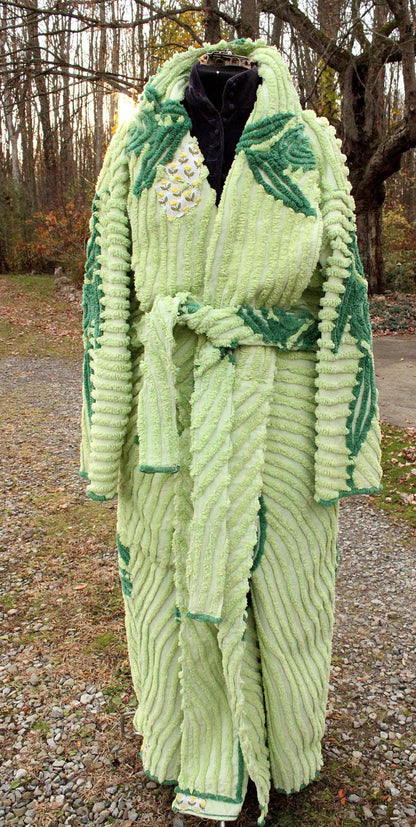 plant lady beautiful chenille robe, shabby upcycled women's bathrobe from tulip floral vintage chenille bedspread fabrics, in size L/XL