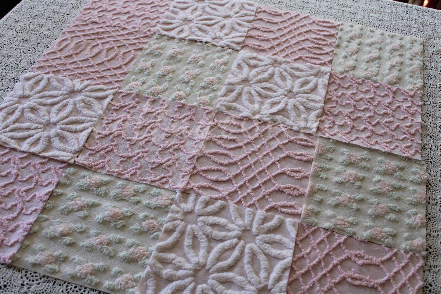 Pink Quilt Squares, Daisy Rosebud Craft Square Set from Vintage Bedspread Fabric, 16 Blocks, 6" x 6" inch