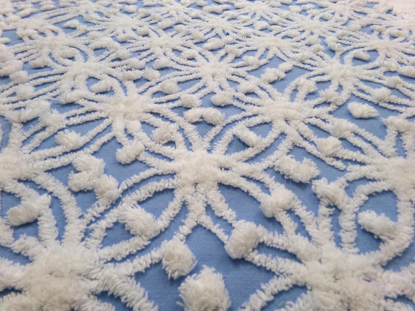 Blue & White Vintage Chenille Fabric Dimensional Snowflake Dots Quilting Craft Supply, 20" x 24"