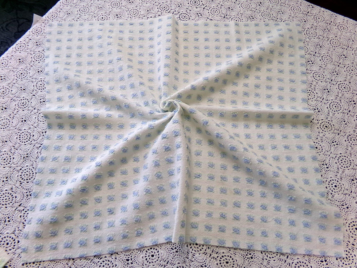Tiny Blue Rosebuds Vintage Chenille Quilt Fabric, 18" x 21" inch Piece Lightweight Mini Roses