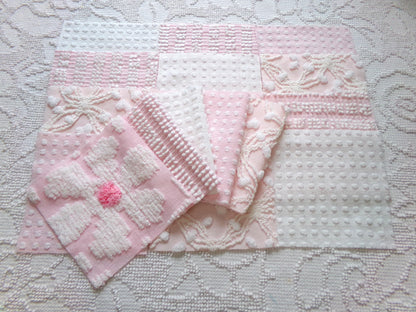 peaceful pinks vintage 6" chenille fabric squares, set of 17 vintage cottage chic quilt blocks for quilting, sewing & crafts