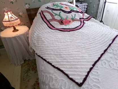 cottage living vintage chenille bedspread in plush rose florals, 100% cotton white full size bedding