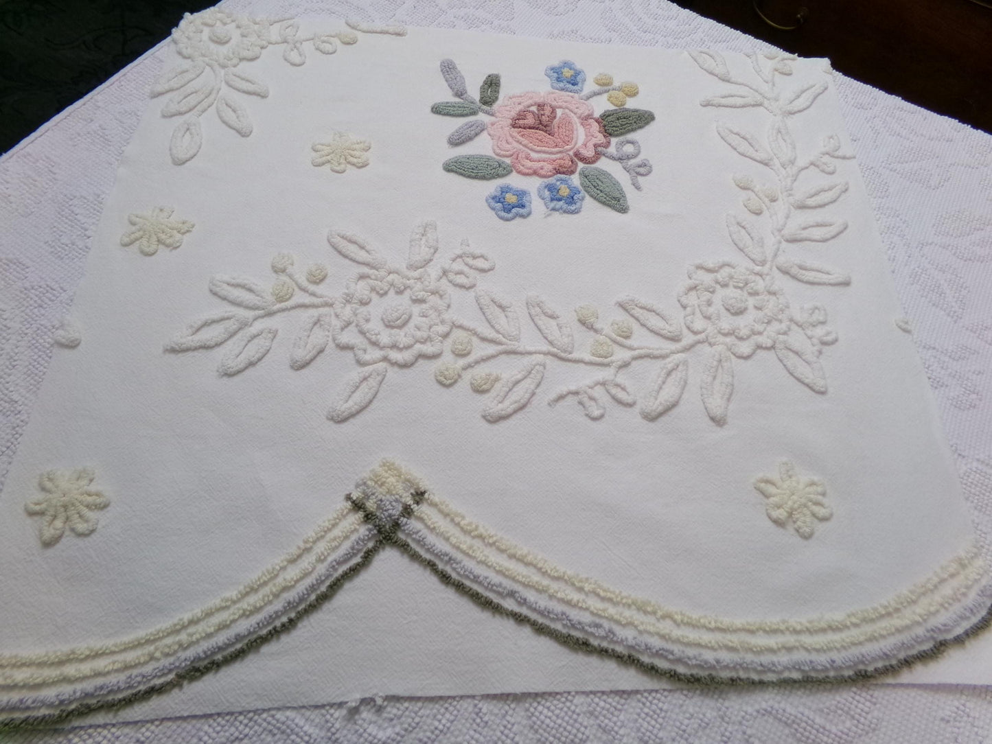 Solitary Rose Vintage Chenille Bedspread Fabric, Shabby Sweet Sewing Material, 22" x 24"