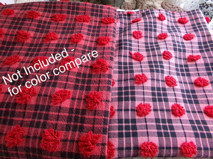 Black Tartan Plaid Vintage Chenille Bedspread Fabric, Texturized Red Dots, 19" x 26" inch Piece, Lightweight Sewing Material