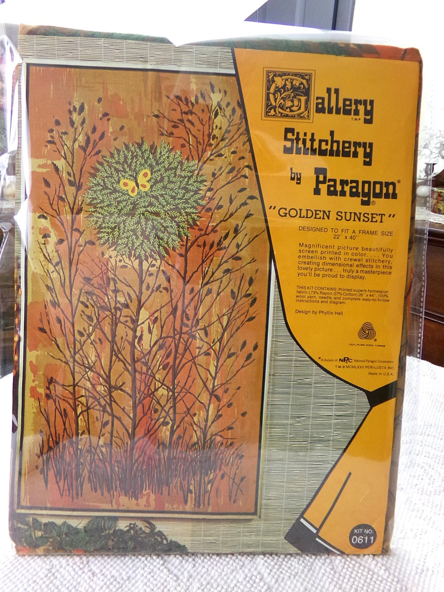 GOLDEN SUNSET Vintage Crewel Kit, *NO Thread* Paragon Embroidery #0611, Huge Boho 70s Wall Hanging, Phyllis Hall