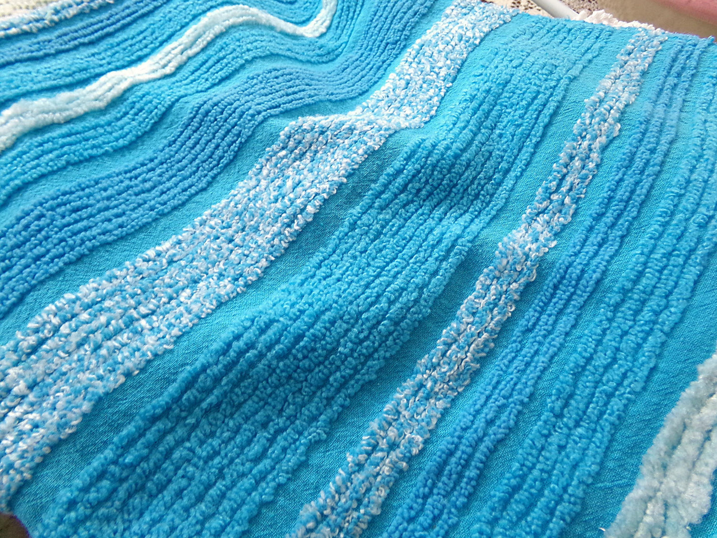 mermaid blue vintage chenille fabric, bright variegated multisize stripes, 20" x 24" piece of sewing material